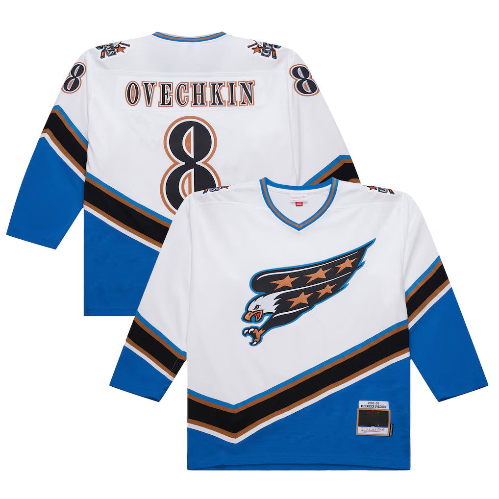 harde W.Capitals #8 Alexander Ovechkin Mitchell & Ness White 2005-06 Power Play Jerseys