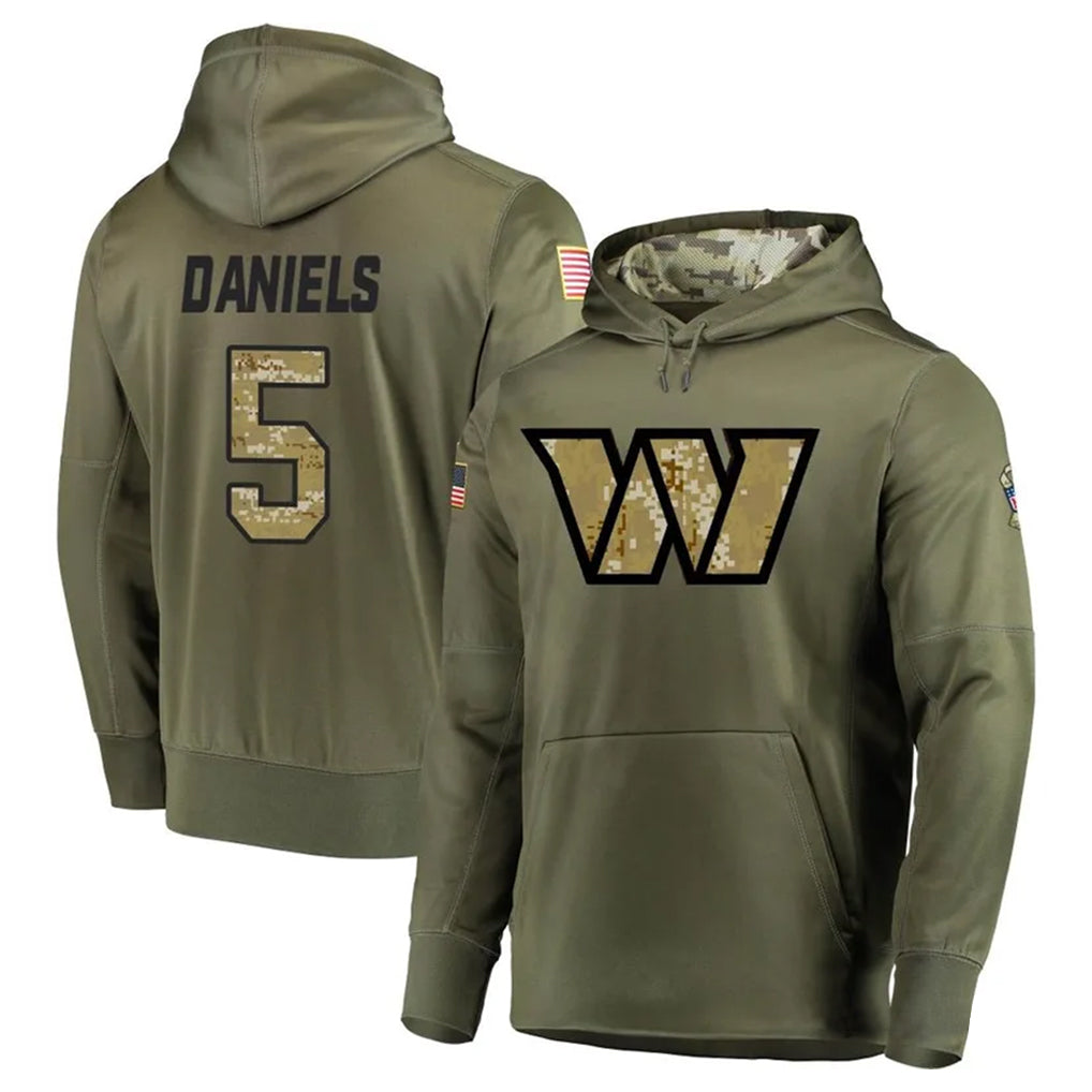 harde W.Commanders #5 Jayden Daniels Player Olive Salute to Service Hoodies Stitched Jerseys